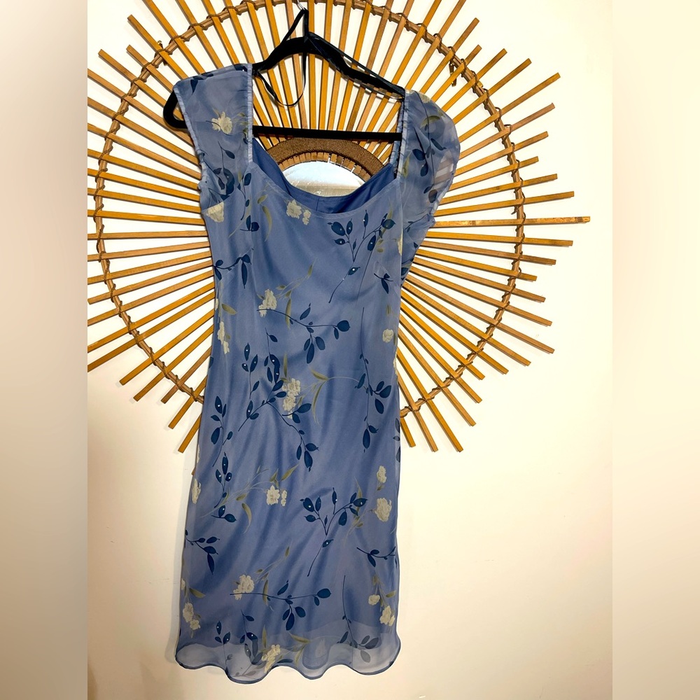 VTG 90’s/ Y2K Floral Blue Chiffon Midi Dress with Floral Print & Sparkles Bias